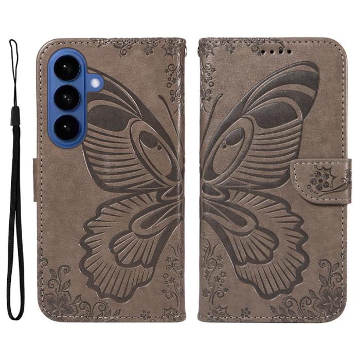 OEM - Samsung Galaxy S26 Plus Skal Fjärilsdesign PU Läder Flip - Grå