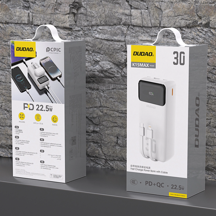 Dudao - Dudao Powerbank 30000mAh 22.5W PD med Kabel - Vit