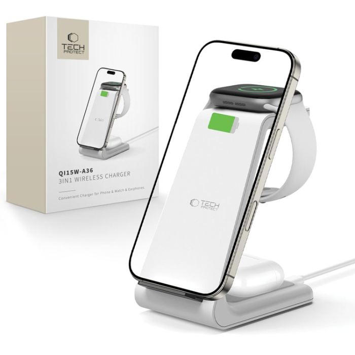 Tech-Protect - Tech-Protect 3-in-1 Trådlös Laddare iPhone, Apple Watch, AirPods - Vit