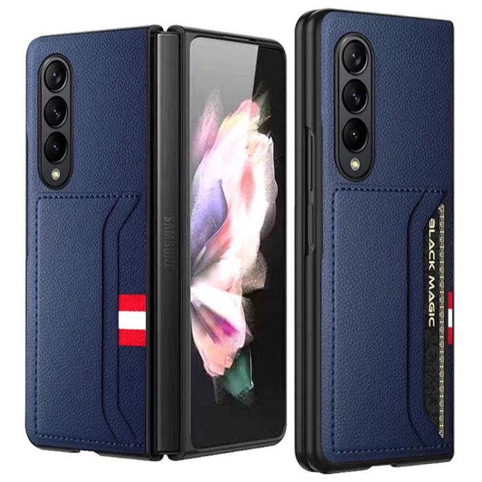 A-One Brand - Galaxy Z Fold 4 Skal Äkta Läder Litchi Korthållare - Blå
