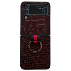 A-One Brand - Galaxy Z Flip 4 Mobilskal Äkta Läder Fingerringhållare - Kaffe