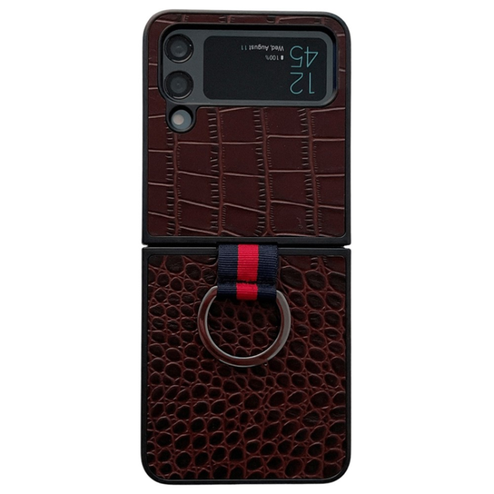 A-One Brand - Galaxy Z Flip 4 Mobilskal Äkta Läder Fingerringhållare - Kaffe