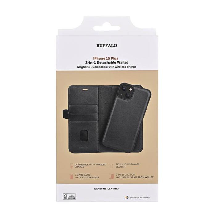 BUFFALO - BUFFALO äkta läder iPhone 15 Plus Plånboksfodral 3 Kort Magsafe - Svart