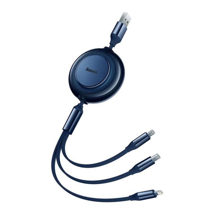 BASEUS - Baseus Retractable 3in1 microUSB/Lightning/Typ-C 3.5A 1.1m - Blå