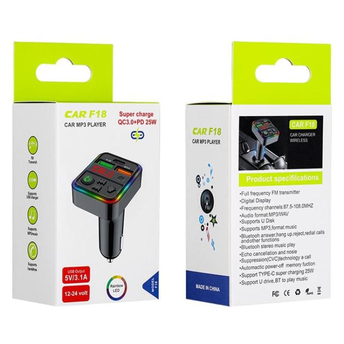 A-One Brand - Billaddare 25W 2xUSB-A 1xUSB-C med Musikspelare PDF18 - Svart