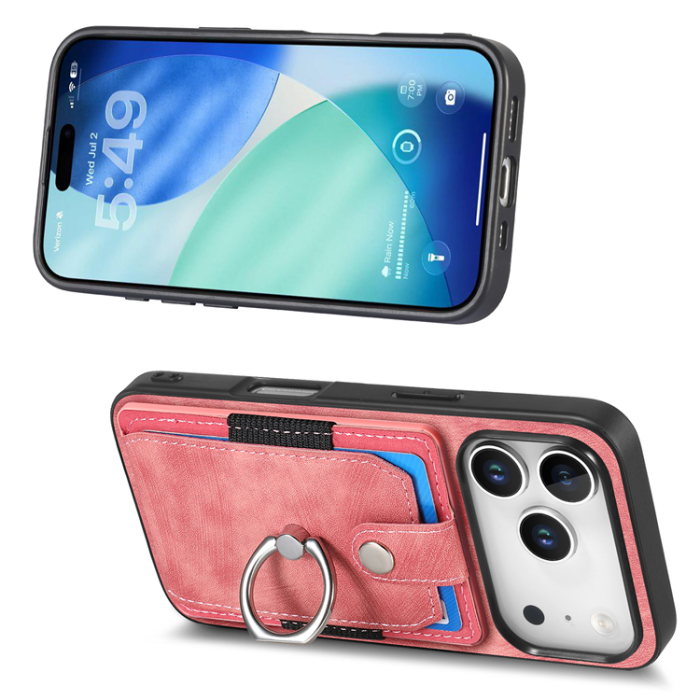 A-One Brand - iPhone 17 Pro Mobilskal med Korthållare Läder Kickstand - Rosa