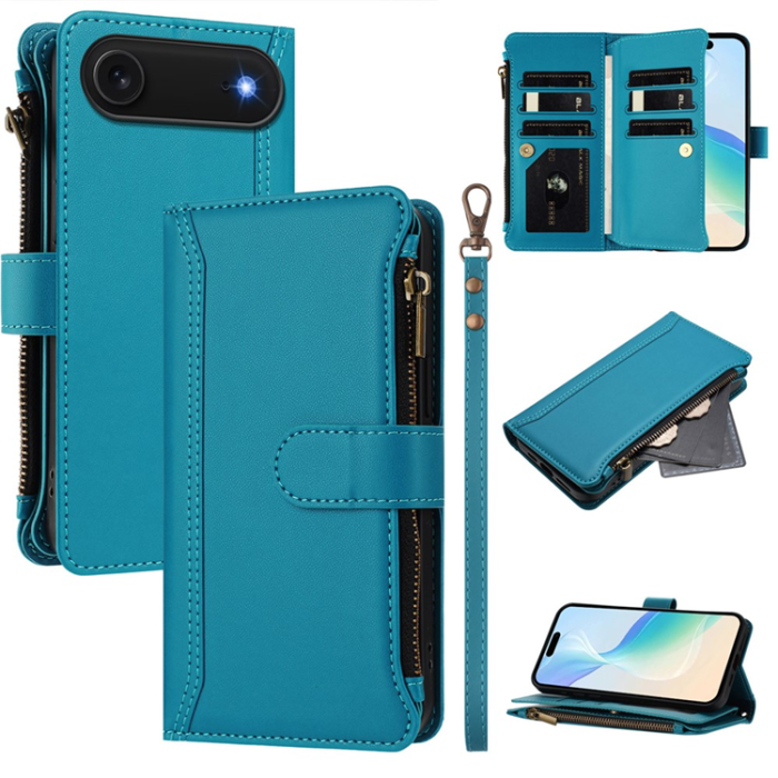 iPhone 17 Air plånboksfodral zipper rem sjöblå ultratunnt optimerad design