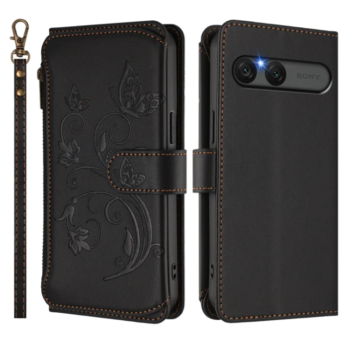 A-One Brand - Sony Xperia 10 VII Plånboksfodral Butterfly Floral - Svart
