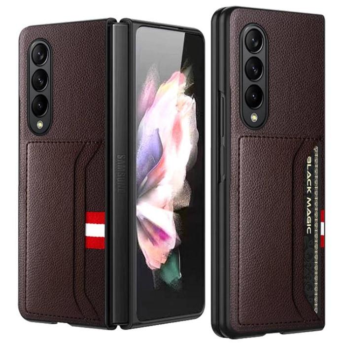 A-One Brand - Galaxy Z Fold 4 Skal Äkta Läder Litchi Korthållare - Brun