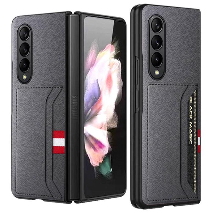 UTGATT1 - Galaxy Z Fold 4 Skal Äkta Läder Litchi Korthållare - Grå