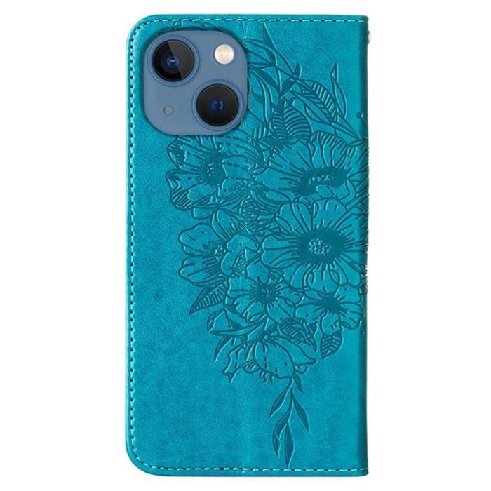 OEM - iPhone 14 Plus Plånboksfodral Butterfly Flower Imprinted - Blå