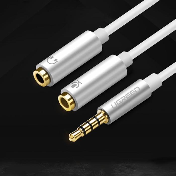 Ugreen - Ugreen Kabel Mini Jack 3.5 mm Till 2 x Mini Jack 3.5 mm 20cm - Vit