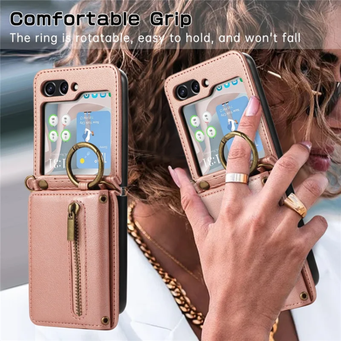 A-One Brand - Galaxy Z Flip7 Plånboksfodral Zipper Kickstand med Axelrem - Rosa Guld