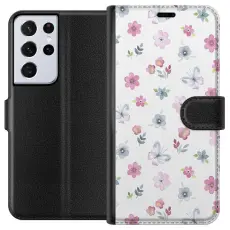 Gustaf - Pl&aring;nboksfodral till Samsung Galaxy S21 Ultra 5G med Blommor och fj&auml;rillar