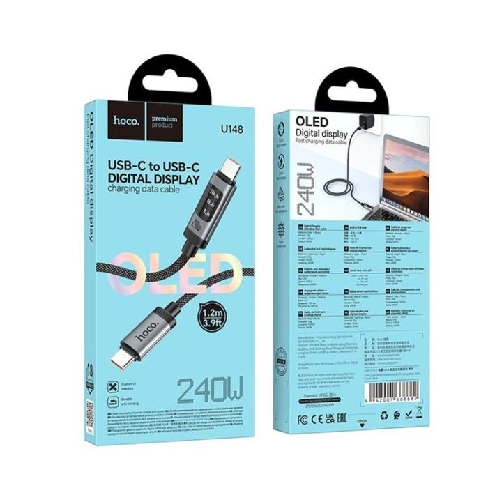 Hoco - HOCO USB-C till USB-C 240W Kabel 6A 1.2m med Display U148 - Svart