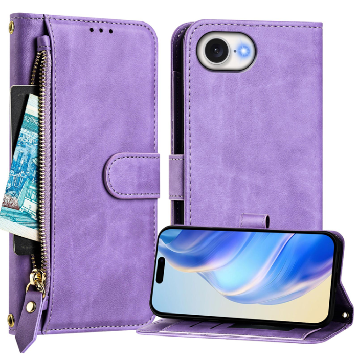 A-One Brand - iPhone 16e Plånboksfodral Zipper Pocket Läder - Lila