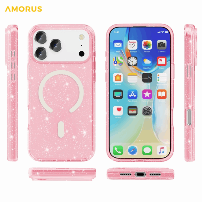 AMORUS - AMORUS Mobilskal till iPhone 17 Pro Magsafe Glitter Powder PC + TPU - Rosa
