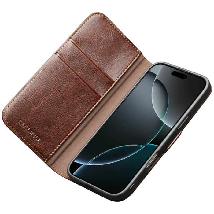 QIALINO - QIALINO iPhone 17 Pro Plånboksfodral Äkta Läder - Brun