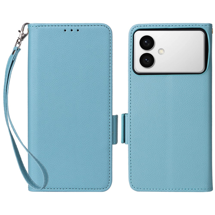 Galaxy S26 Edge Plånboksfodral Litchi Läder med Rem - Babyblå | 2353 | AlltMobil