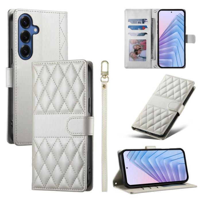 OEM - Samsung Galaxy S26 Fodral Rhombus Stitching Ställ Äkta Läder - Beige