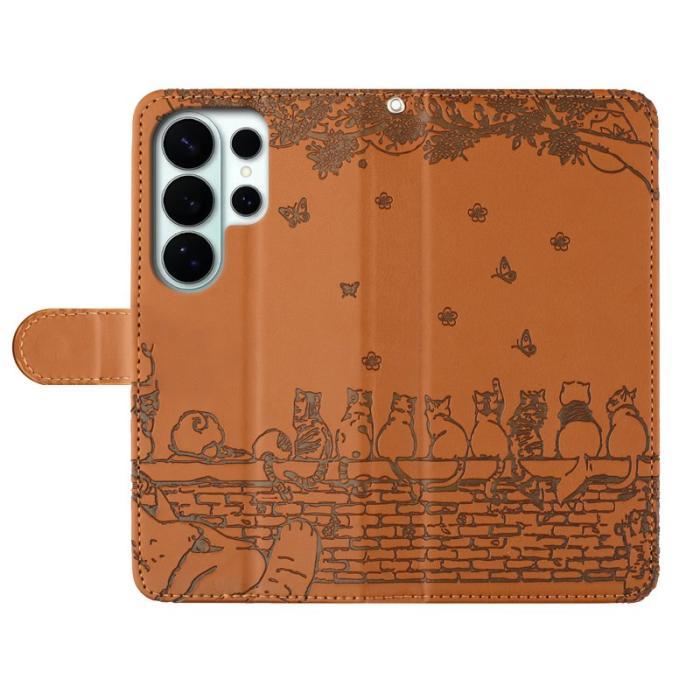 OEM - Samsung Galaxy S26 Ultra Skal Äkta Läder Kattmönster - Brun