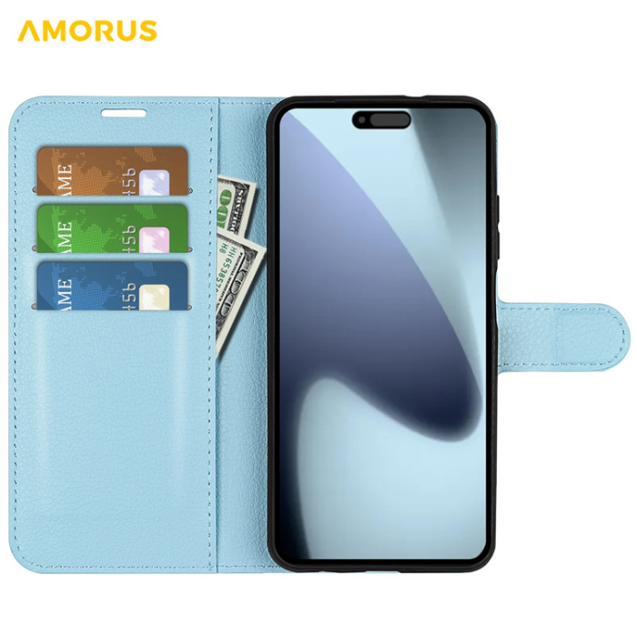 Amorus - AMORUS iPhone 17 Plånboksfodral Flipstativ Litchi - Blå