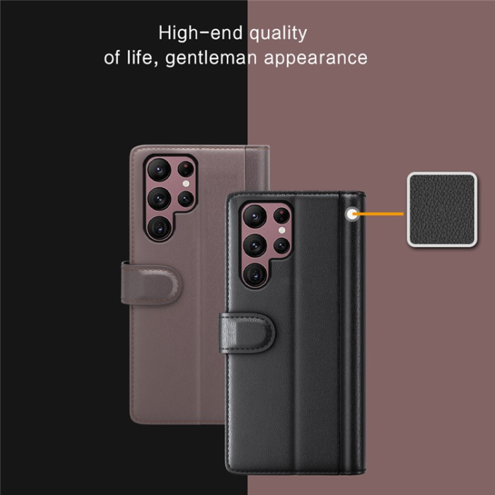 A-One Brand - Galaxy S23 Ultra Plånboksfodral Äkta Läder - Svart