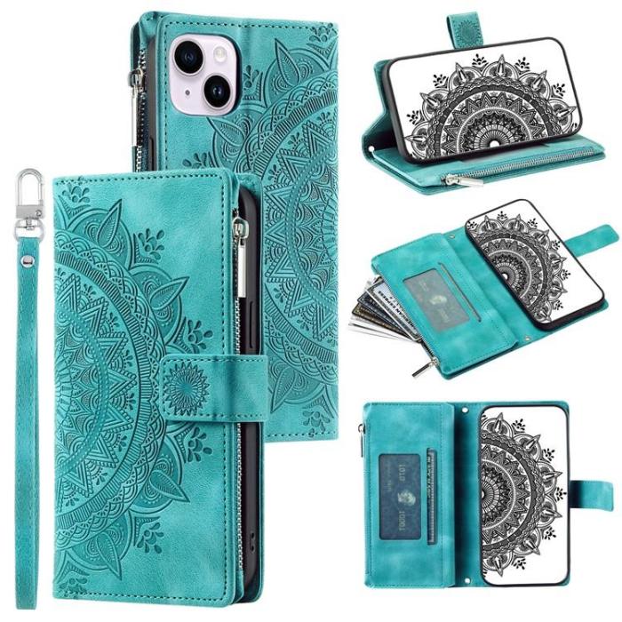 A-One Brand - iPhone 15 Plus Plånboksfodral Mandala Flower Imprinted - Turkos