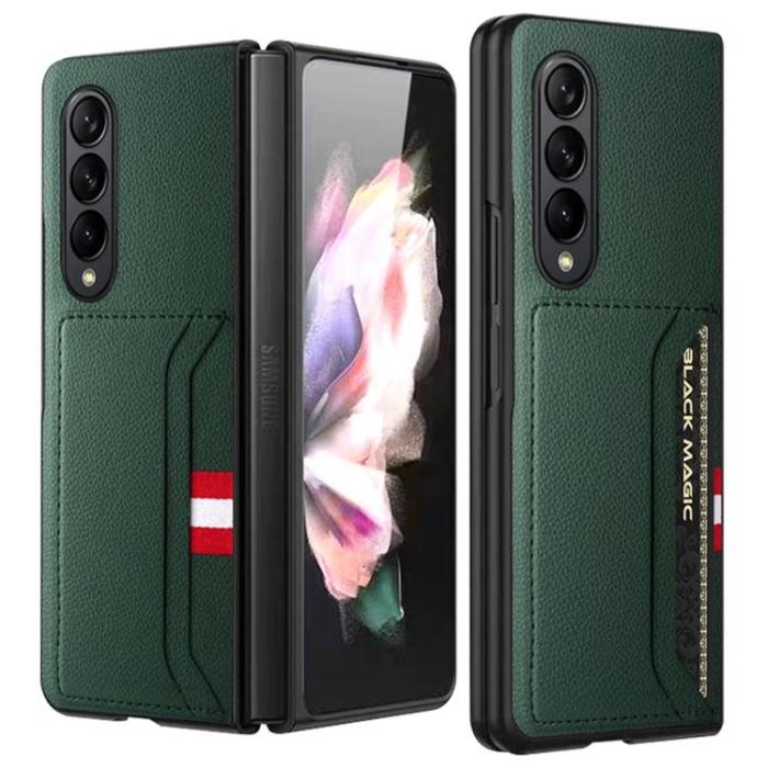 A-One Brand - Galaxy Z Fold 4 Skal Äkta Läder Litchi Korthållare - Grön