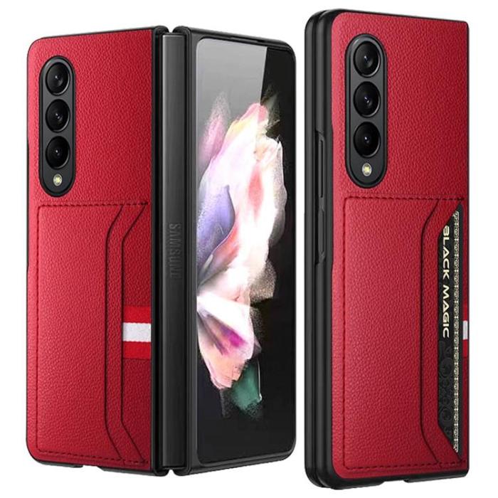 A-One Brand - Galaxy Z Fold 4 Skal Äkta Läder Litchi Korthållare - Röd
