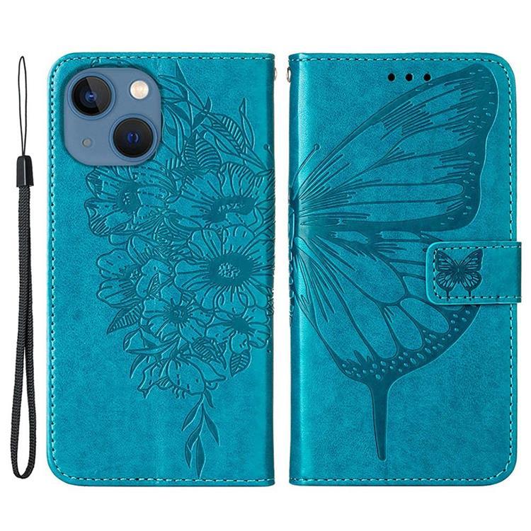 iPhone 14 Plus Plånboksfodral Butterfly Flower Imprinted - Blå | 2353 | AlltMobil