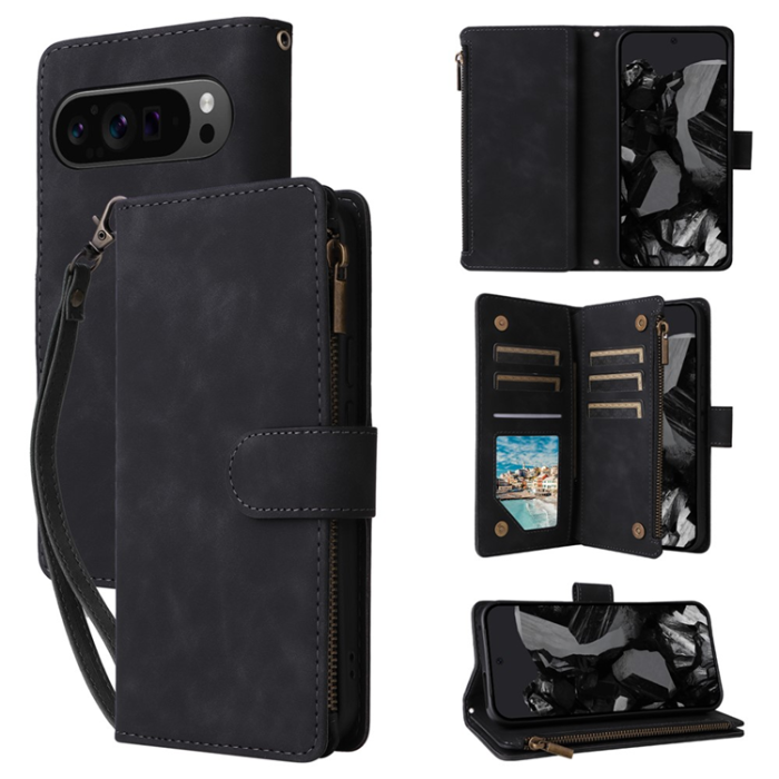 A-One Brand - Google Pixel 9 Pro XL/10 Pro XL Plånboksfodral Zipper med Strap - Svart