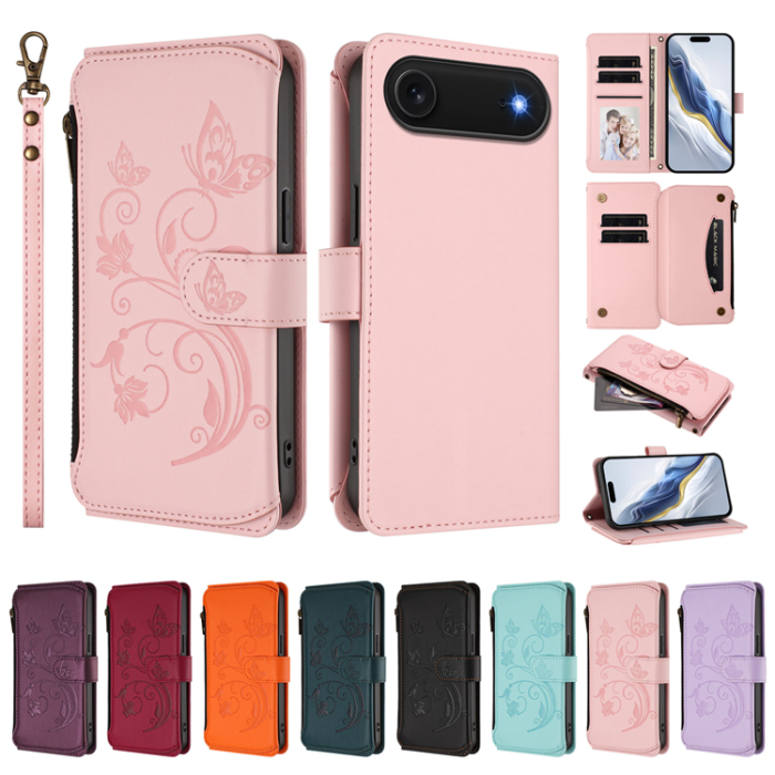 A-One Brand - iPhone 17 Air Plånboksfodral Butterfly Floral Imprint - Rosa