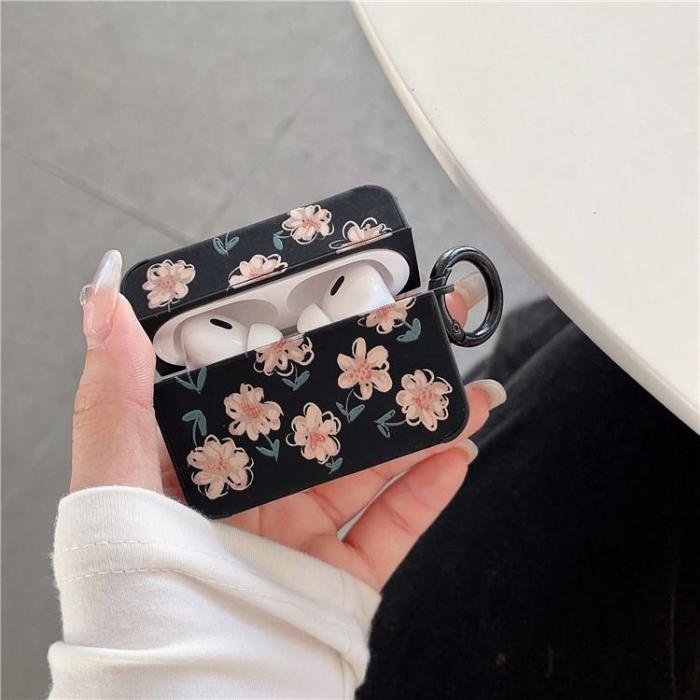 OEM - Airpods Pro 2 Skal TPU Läder Floral - Svart/Rosa