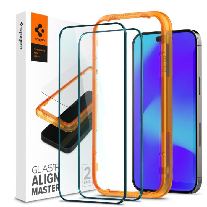 UTGATT - Spigen iPhone 14 Pro Härdat Glas Skärmskydd Alm FC 2-Pack - Svart
