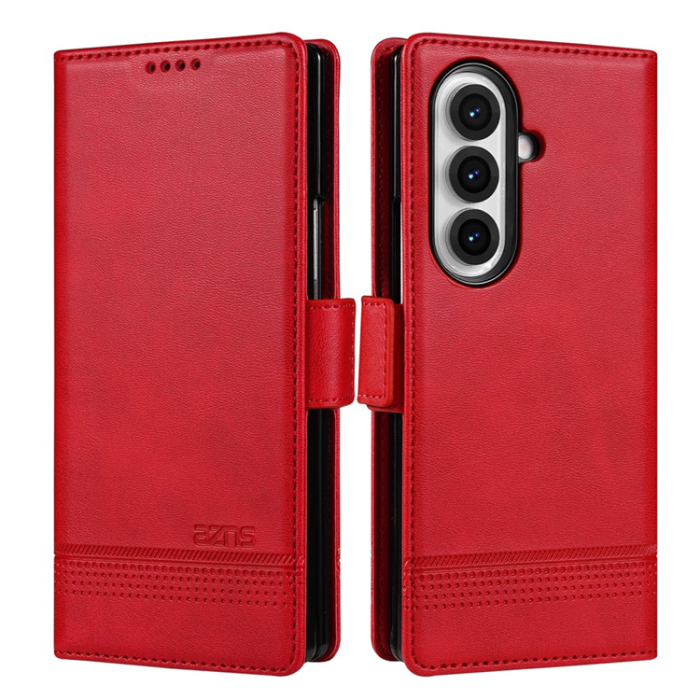 AZNS - AZNS Galaxy Z Fold 7 Plånboksfodral Cowhide Läder - Röd