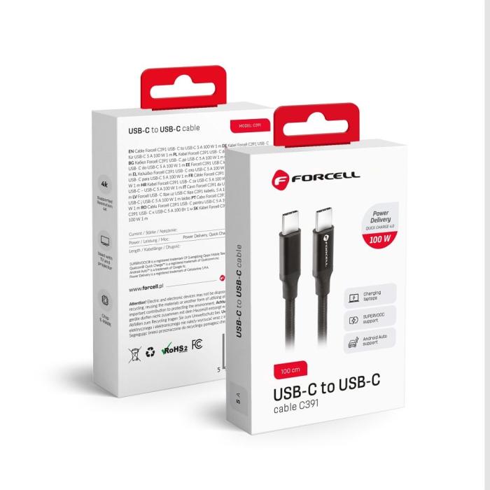 Forcell - FORCELL USB-C till USB-C kabel QC4.0 PD100W / 4K / 20Gbit/s 1m