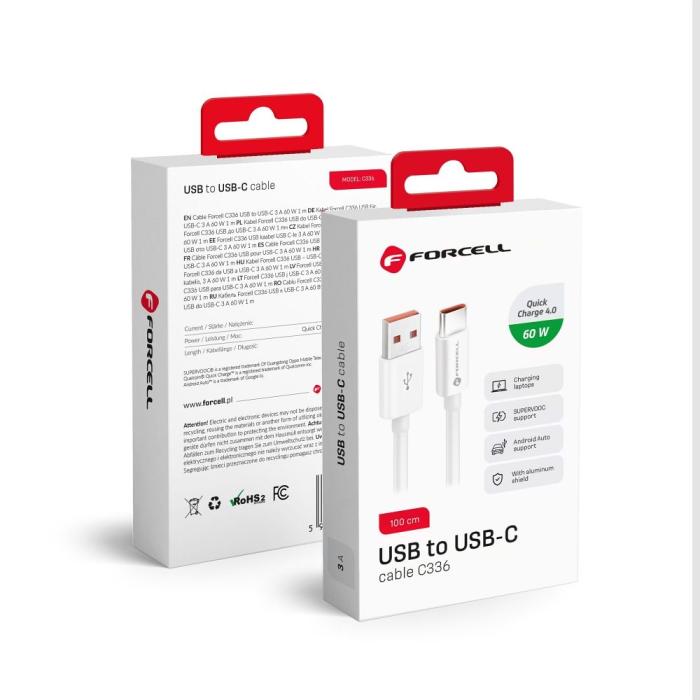 Forcell - FORCELL USB-C till USB-A kabel QC4.0 3A/20V 60W C336 1m vit