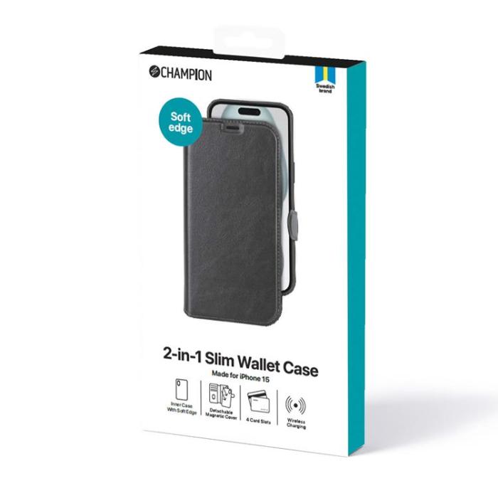 Champion - Celly iPhone 15 Plånboksfodral 2-in-1 Slim - Svart