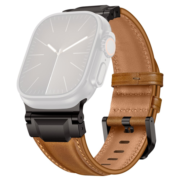 A-One Brand - Apple Watch (42/44/45/46/49mm) Armband Cowhide Läder - Mörkbrun/Svart