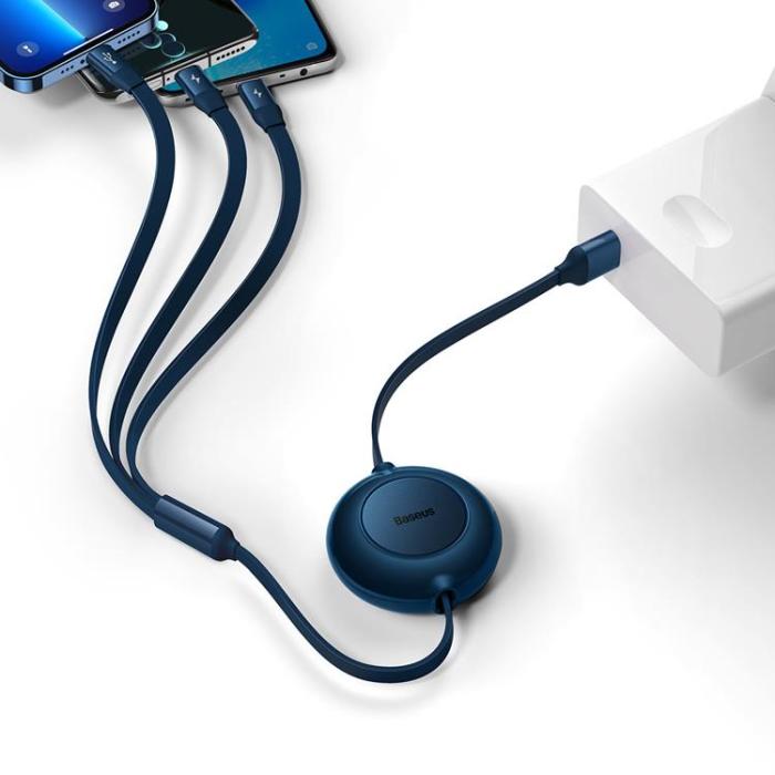 BASEUS - Baseus Retractable 3in1 microUSB/Lightning/Typ-C 3.5A 1.1m - Blå