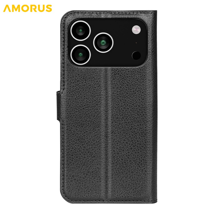 Amorus - AMORUS iPhone 17 Pro Konstläder Plånboksfodral Flipstativ Litchi - Svart