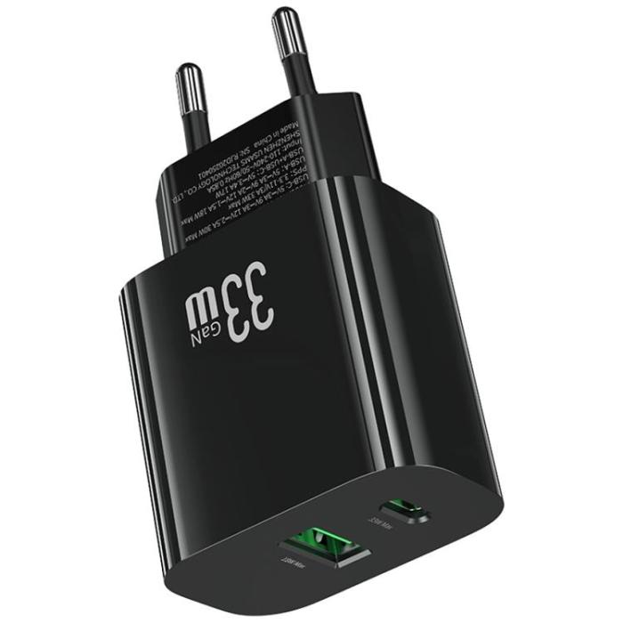 USAMS - USAMS Snabbladdare 33W 1xUSB-C 1xUSB-A CC317 - Svart