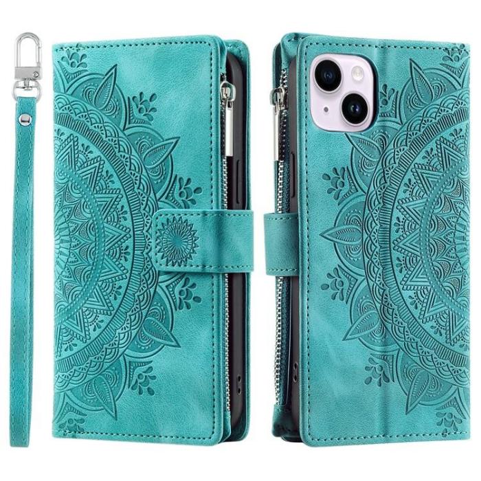 A-One Brand - iPhone 15 Plus Plånboksfodral Mandala Flower Imprinted - Turkos