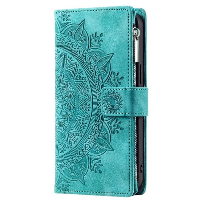 A-One Brand - iPhone 15 Plus Plånboksfodral Mandala Flower Imprinted - Turkos