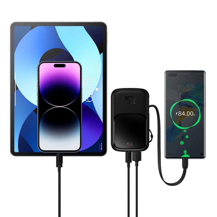 BASEUS - Baseus Powerbank Qpow 10000mAh 22.5W med Inbyggd USB-C Kabel - Svart