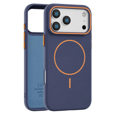 A-One Brand - iPhone 17 Pro Mobilskal Magsafe Litchi Pattern - Sapphire Blå/Orange