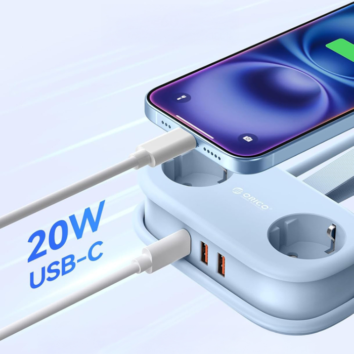 ORICO - Orico 5in1 Grenuttag 20W GaN 2xUSB-A 1xUSB-C 2xAC AP3 - Blå