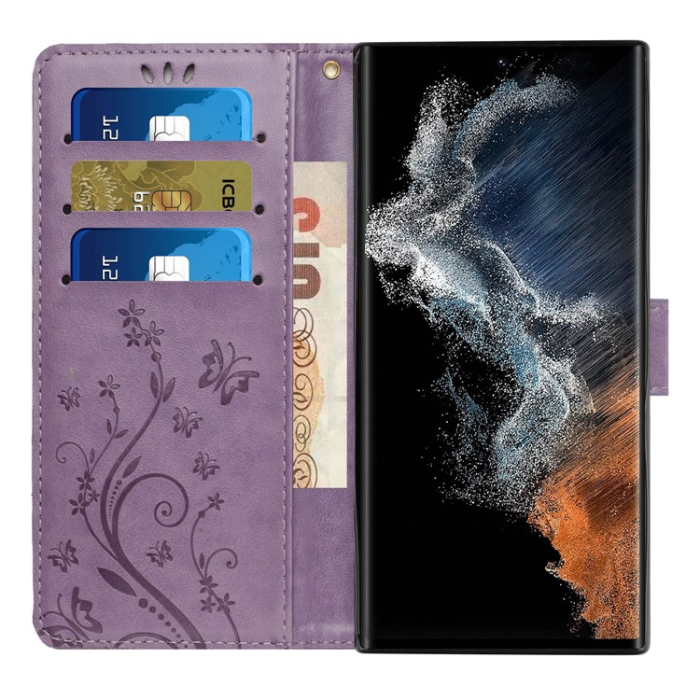 A-One Brand - Galaxy S23 Ultra Plånboksfodral Imprinting Flower Butterfly - Lila
