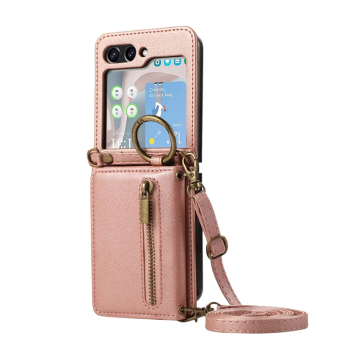 A-One Brand - Galaxy Z Flip7 Plånboksfodral Zipper Kickstand med Axelrem - Rosa Guld